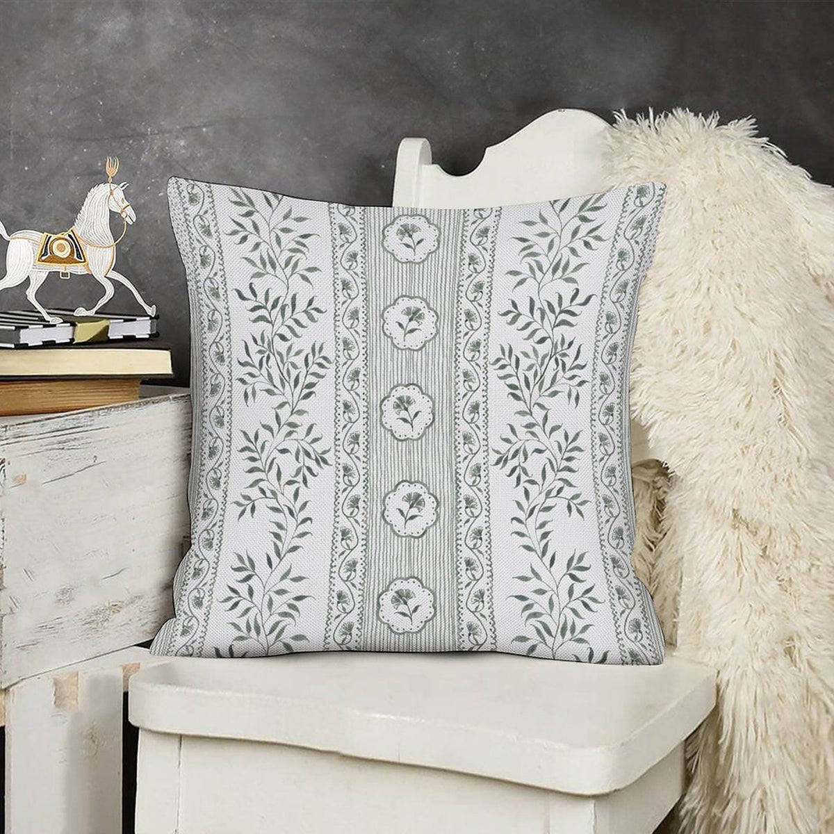 Green Floral Pillow Cover Euro Chinoiserie Floral Print
