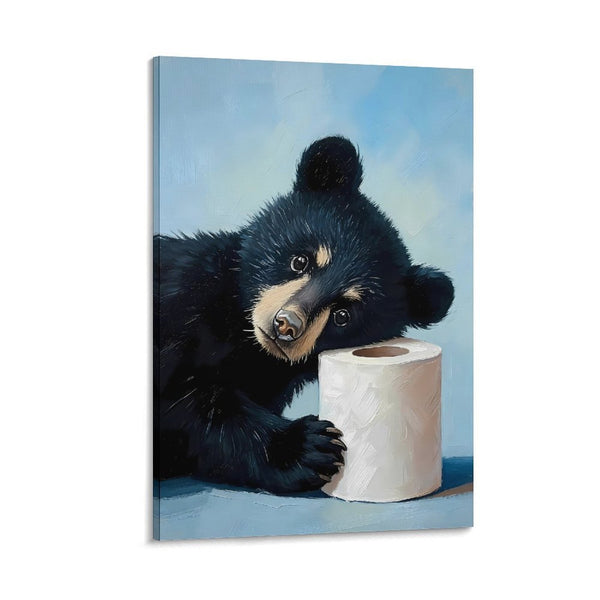 Bear Bathroom Canvas Wall Art Funny Animals Bathroom Pictures Black Bear Toilet Paper Painting Animals Bathroom Poster for Bathroom