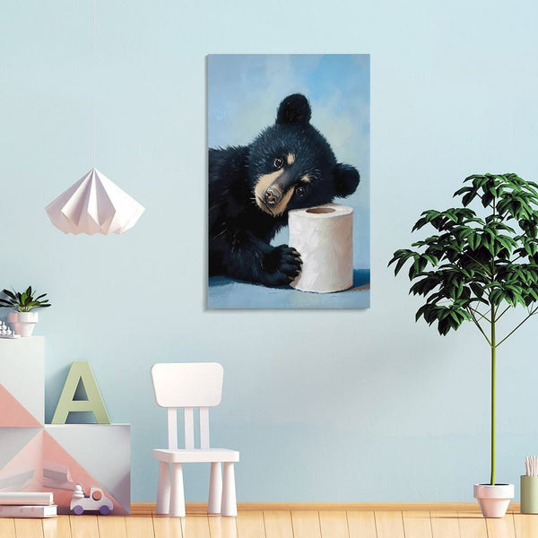 Bear Bathroom Canvas Wall Art Funny Animals Bathroom Pictures Black Bear Toilet Paper Painting Animals Bathroom Poster for Bathroom