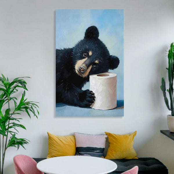 Bear Bathroom Canvas Wall Art Funny Animals Bathroom Pictures Black Bear Toilet Paper Painting Animals Bathroom Poster for Bathroom