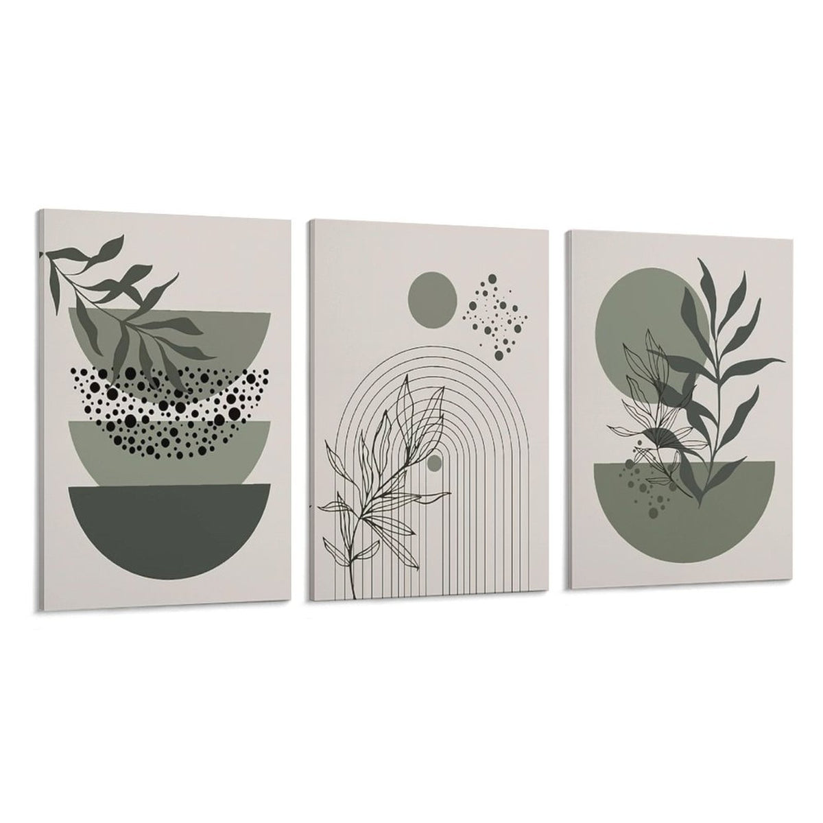 Sage Green Boho Wall Art Set of 3 Abstract Minimalist Geometric Line Poster Green Botanical Leaf Canvas Prints