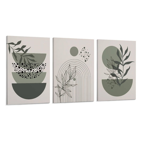 Sage Green Boho Wall Art Set of 3 Abstract Minimalist Geometric Line Poster Green Botanical Leaf Canvas Prints
