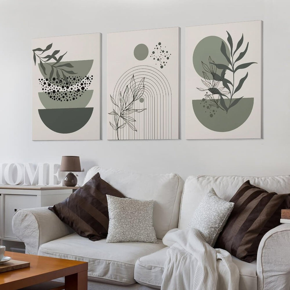 Sage Green Boho Wall Art Set of 3 Abstract Minimalist Geometric Line Poster Green Botanical Leaf Canvas Prints
