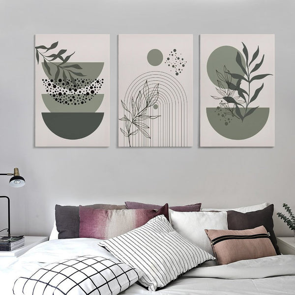 Sage Green Boho Wall Art Set of 3 Abstract Minimalist Geometric Line Poster Green Botanical Leaf Canvas Prints