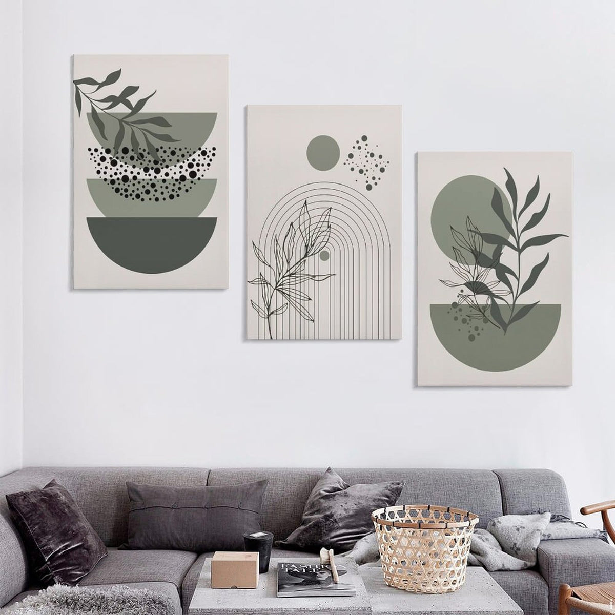 Sage Green Boho Wall Art Set of 3 Abstract Minimalist Geometric Line Poster Green Botanical Leaf Canvas Prints