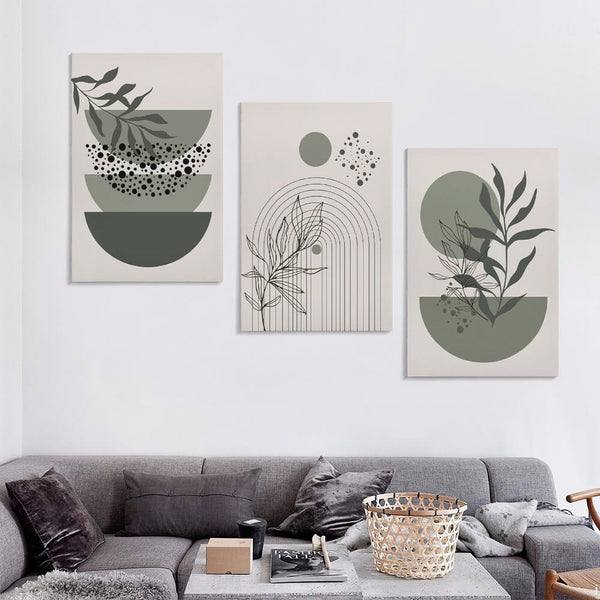 Sage Green Boho Wall Art Set of 3 Abstract Minimalist Geometric Line Poster Green Botanical Leaf Canvas Prints