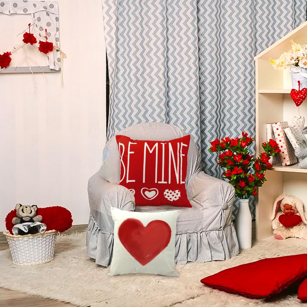 Waterproof Linen, 4PCS Valentines Pillow Covers 18x18 Inch Red White Heart Throw Pillow Covers