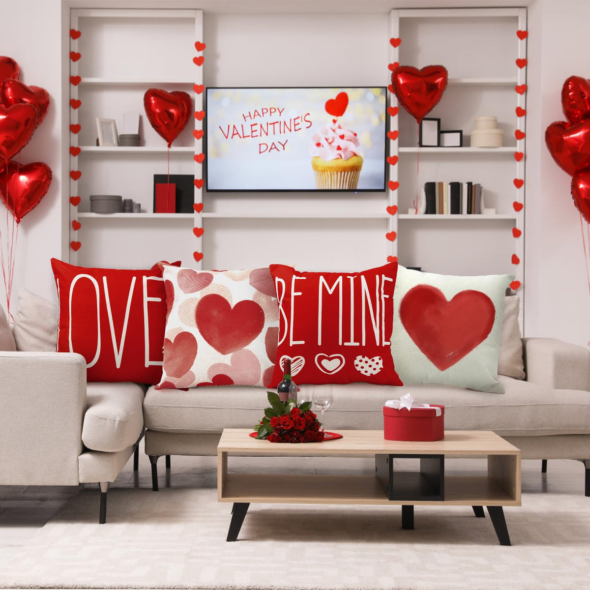 Waterproof Linen, 4PCS Valentines Pillow Covers 18x18 Inch Red White Heart Throw Pillow Covers