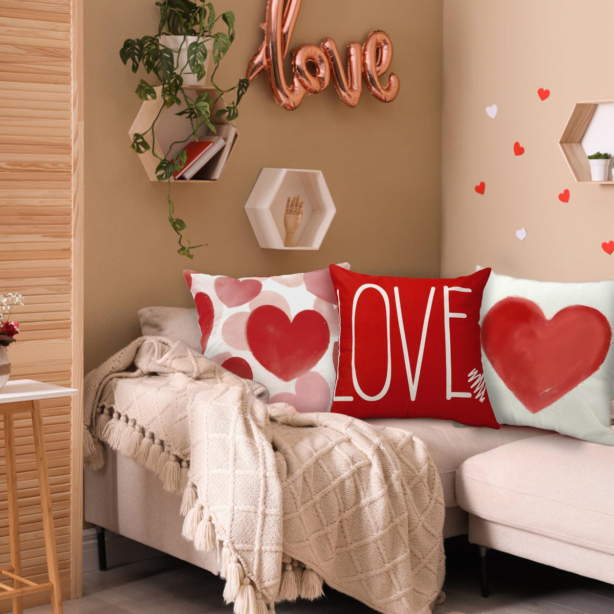 Waterproof Linen, 4PCS Valentines Pillow Covers 18x18 Inch Red White Heart Throw Pillow Covers