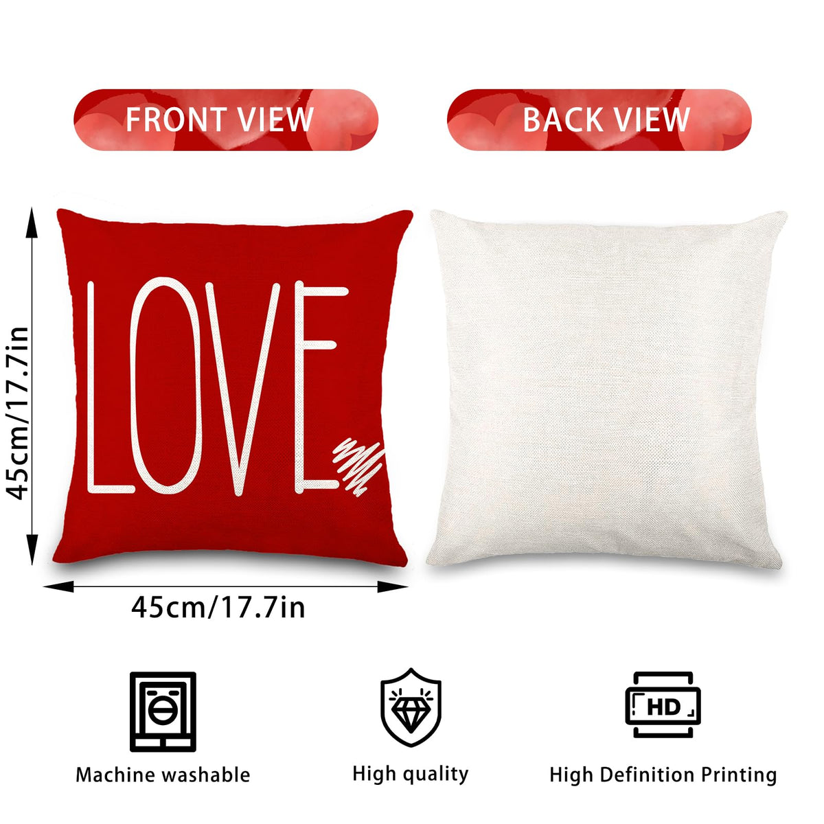 Waterproof Linen, 4PCS Valentines Pillow Covers 18x18 Inch Red White Heart Throw Pillow Covers