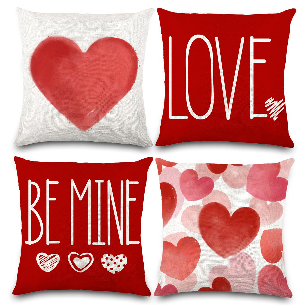 Waterproof Linen, 4PCS Valentines Pillow Covers 18x18 Inch Red White Heart Throw Pillow Covers