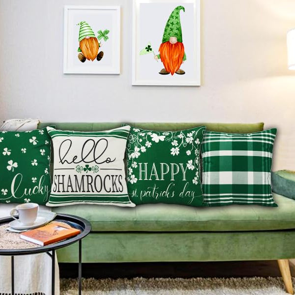 Waterproof Linen, 4PCS St. Patrick's Day Pillow Covers 18x18 Inch Shamrocks Clover