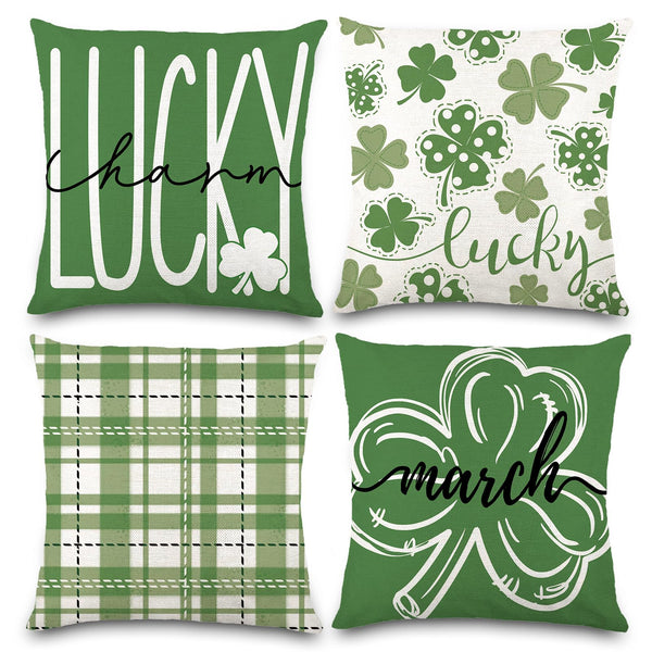 Waterproof Linen, 4PCS St Patricks Day Pillow Covers 18x18 Inch Shamrock Clover