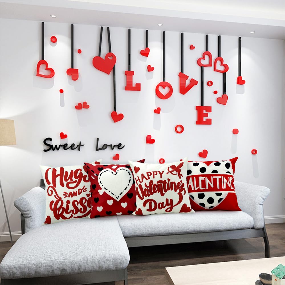 Waterproof Linen, 4 Pcs Valentine Pillow Covers 18x18 Inches Kisses Hugs Decorative