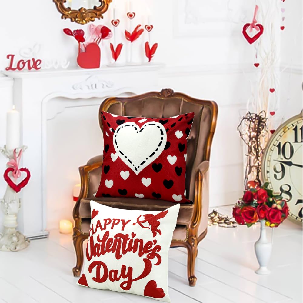 Waterproof Linen, 4 Pcs Valentine Pillow Covers 18x18 Inches Kisses Hugs Decorative