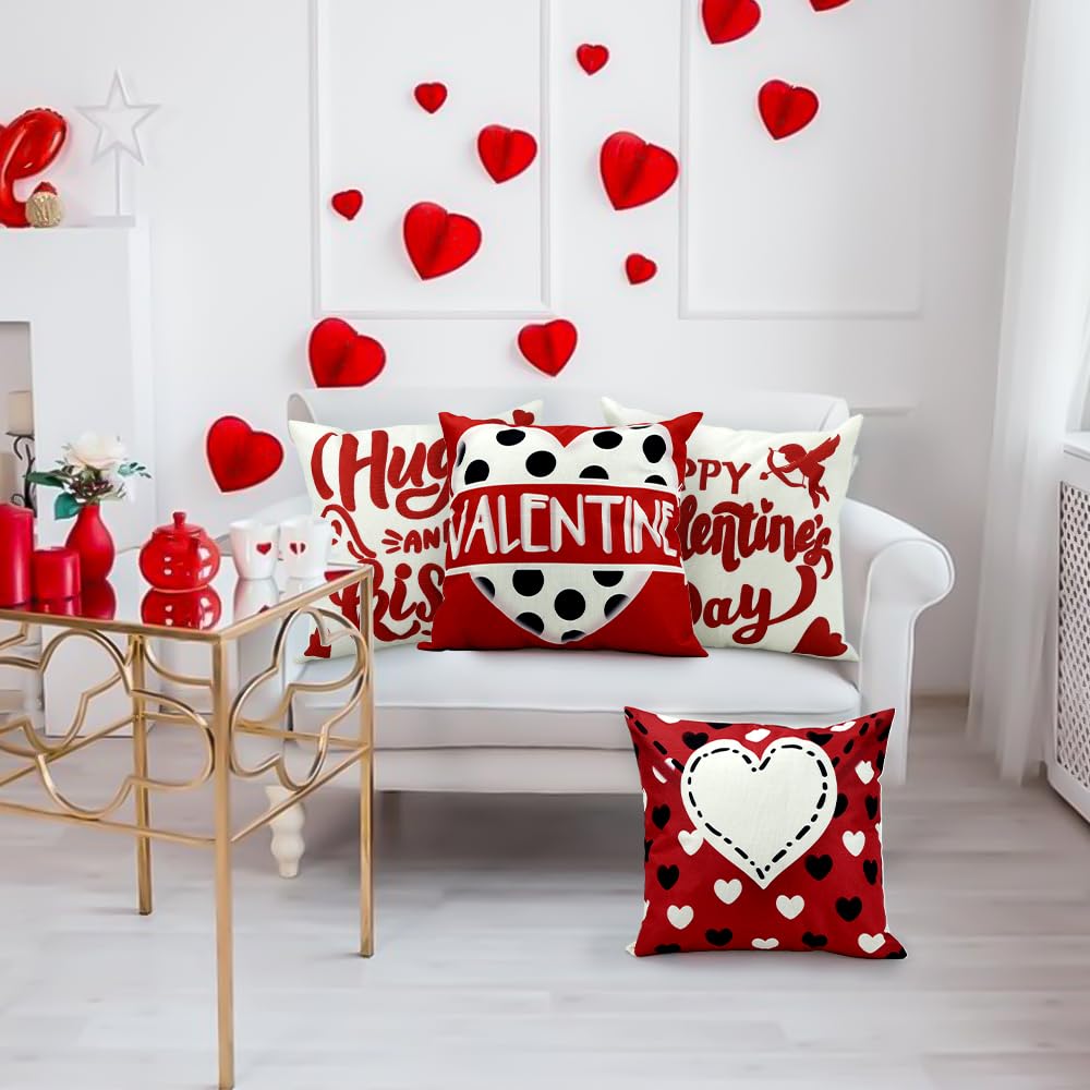 Waterproof Linen, 4 Pcs Valentine Pillow Covers 18x18 Inches Kisses Hugs Decorative