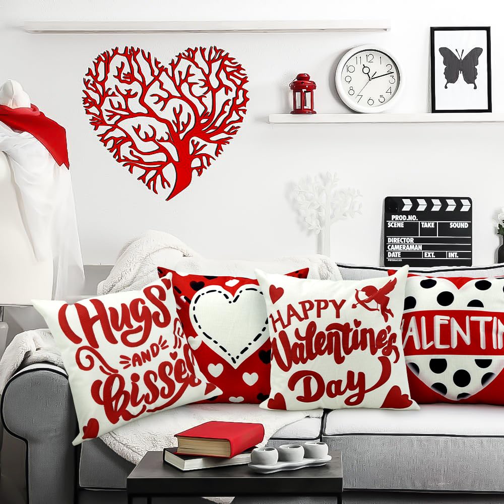 Waterproof Linen, 4 Pcs Valentine Pillow Covers 18x18 Inches Kisses Hugs Decorative