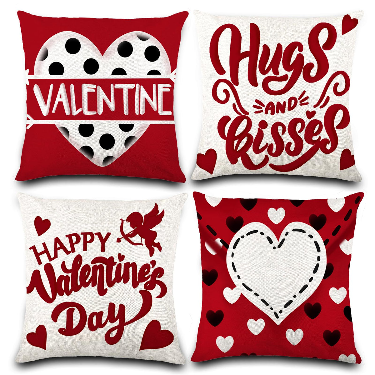 Waterproof Linen, 4 Pcs Valentine Pillow Covers 18x18 Inches Kisses Hugs Decorative