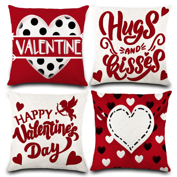 Waterproof Linen, 4 Pcs Valentine Pillow Covers 18x18 Inches Kisses Hugs Decorative