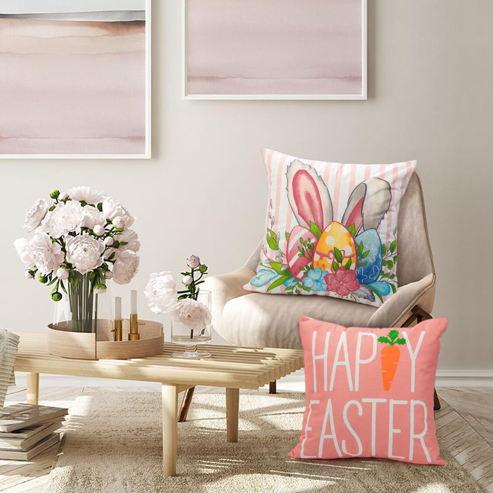 Waterproof Linen, 4PCS Spring Pillow Covers 18x18 Inch Pink Flower Car Spring Throw Pillow Covers