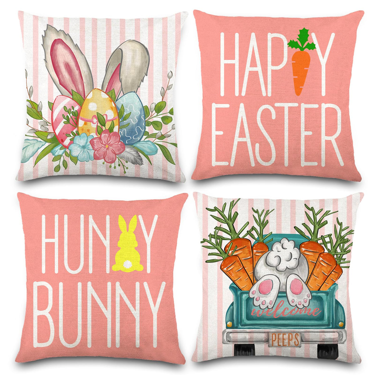 Waterproof Linen, 4PCS Spring Pillow Covers 18x18 Inch Pink Flower Car Spring Throw Pillow Covers