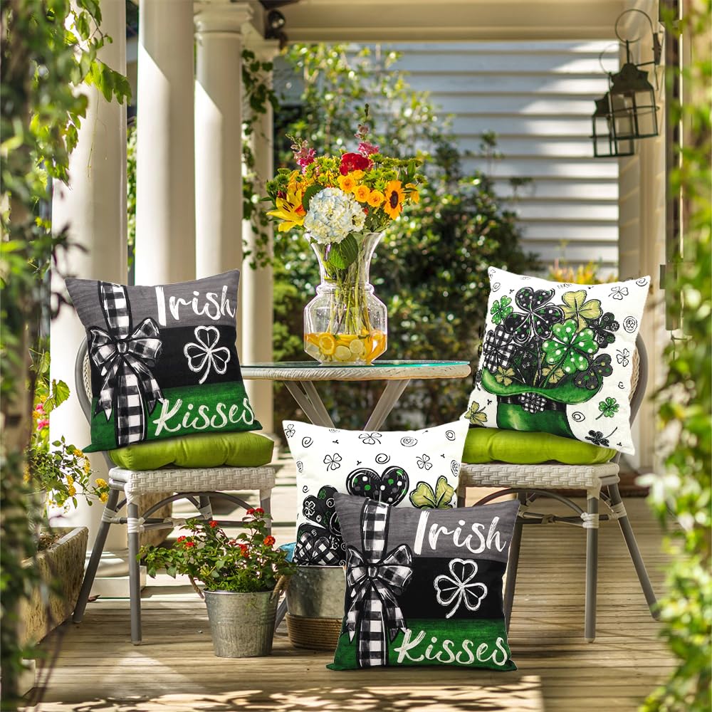 Waterproof Linen, 4PCS St Patricks Day Pillow Covers 18x18 Inches Shamrock Hat Lucky