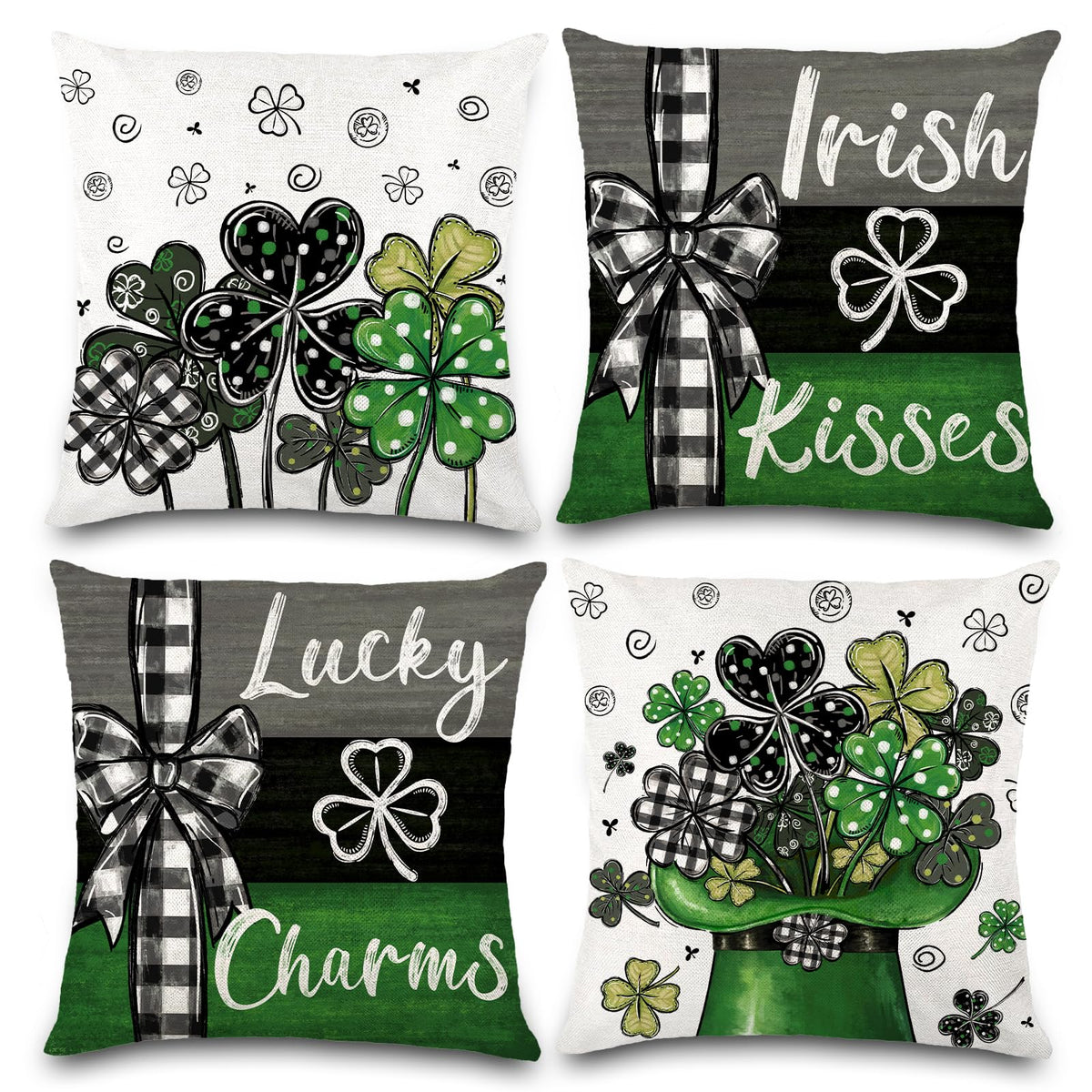 Waterproof Linen, 4PCS St Patricks Day Pillow Covers 18x18 Inches Shamrock Hat Lucky