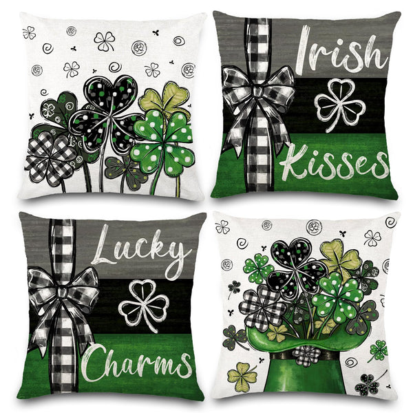 Waterproof Linen, 4PCS St Patricks Day Pillow Covers 18x18 Inches Shamrock Hat Lucky
