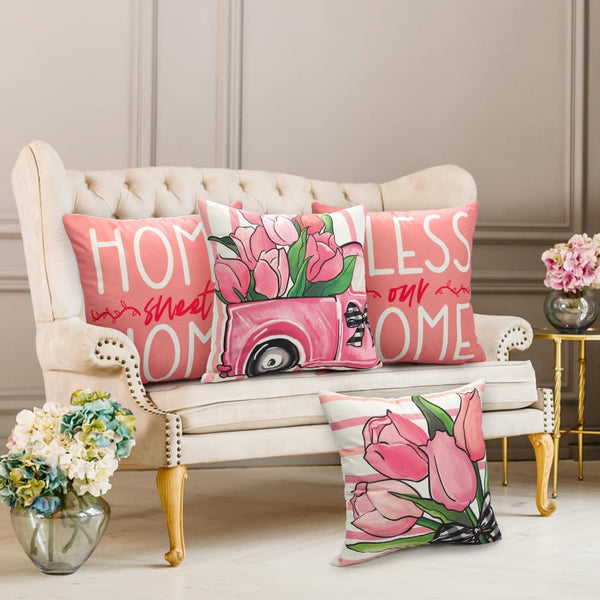 Waterproof Linen, 4PCS Spring Pillow Covers 18x18 Inch Pink Flower Car Spring Throw Pillow Covers