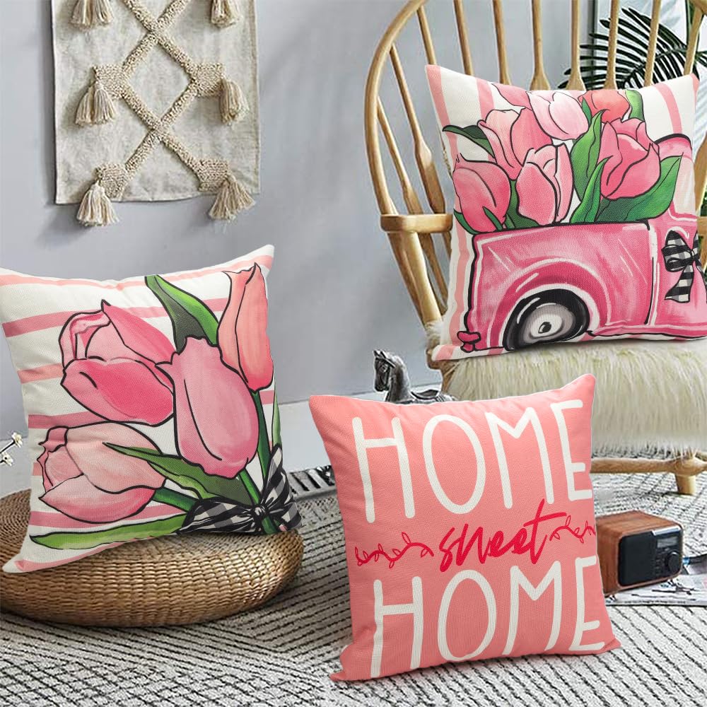 Waterproof Linen, 4PCS Spring Pillow Covers 18x18 Inch Pink Flower Car Spring Throw Pillow Covers