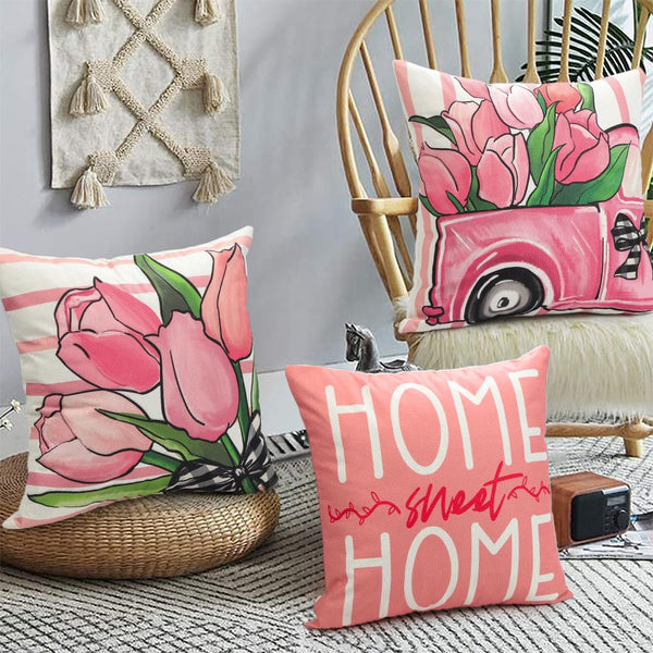 Waterproof Linen, 4PCS Spring Pillow Covers 18x18 Inch Pink Flower Car Spring Throw Pillow Covers