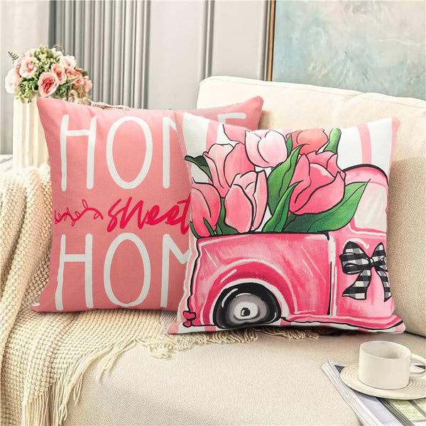 Waterproof Linen, 4PCS Spring Pillow Covers 18x18 Inch Pink Flower Car Spring Throw Pillow Covers