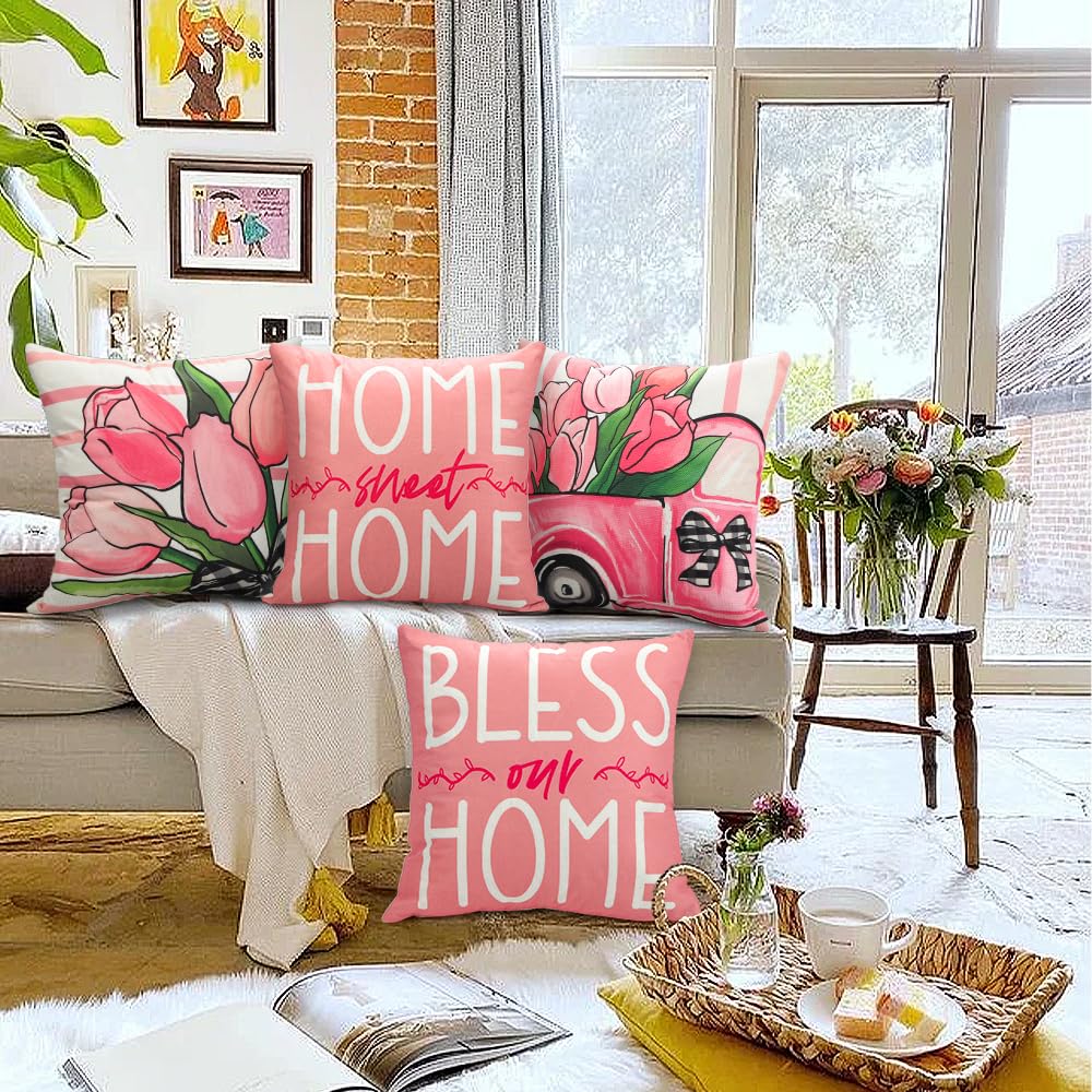 Waterproof Linen, 4PCS Spring Pillow Covers 18x18 Inch Pink Flower Car Spring Throw Pillow Covers