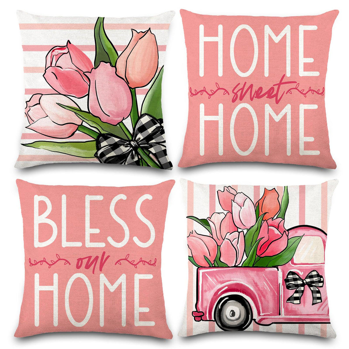 Waterproof Linen, 4PCS Spring Pillow Covers 18x18 Inch Pink Flower Car Spring Throw Pillow Covers