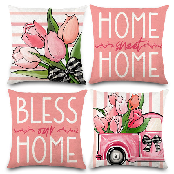 Waterproof Linen, 4PCS Spring Pillow Covers 18x18 Inch Pink Flower Car Spring Throw Pillow Covers