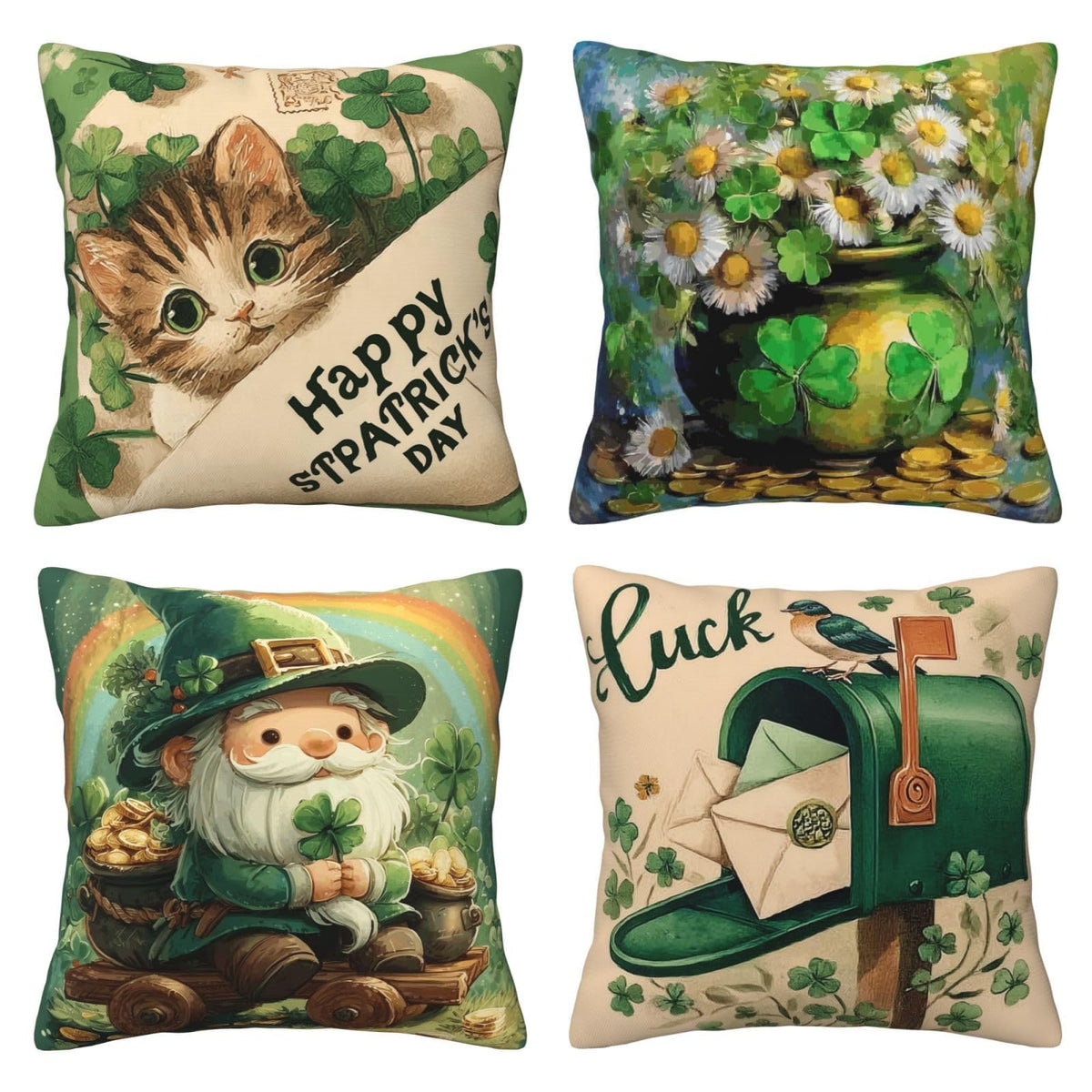 Waterproof Linen St. Patrick's Day Throw Pillow Covers Set of 4, 1-Side Print, No Insert, Envelope Closure