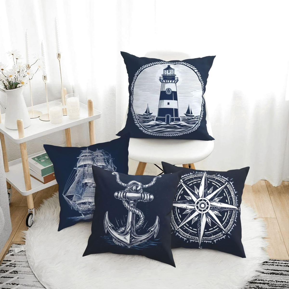 Waterproof Linen Ship Throw Pillow Covers Set of 4, 1-Side Print, No Insert, Envelope Closure