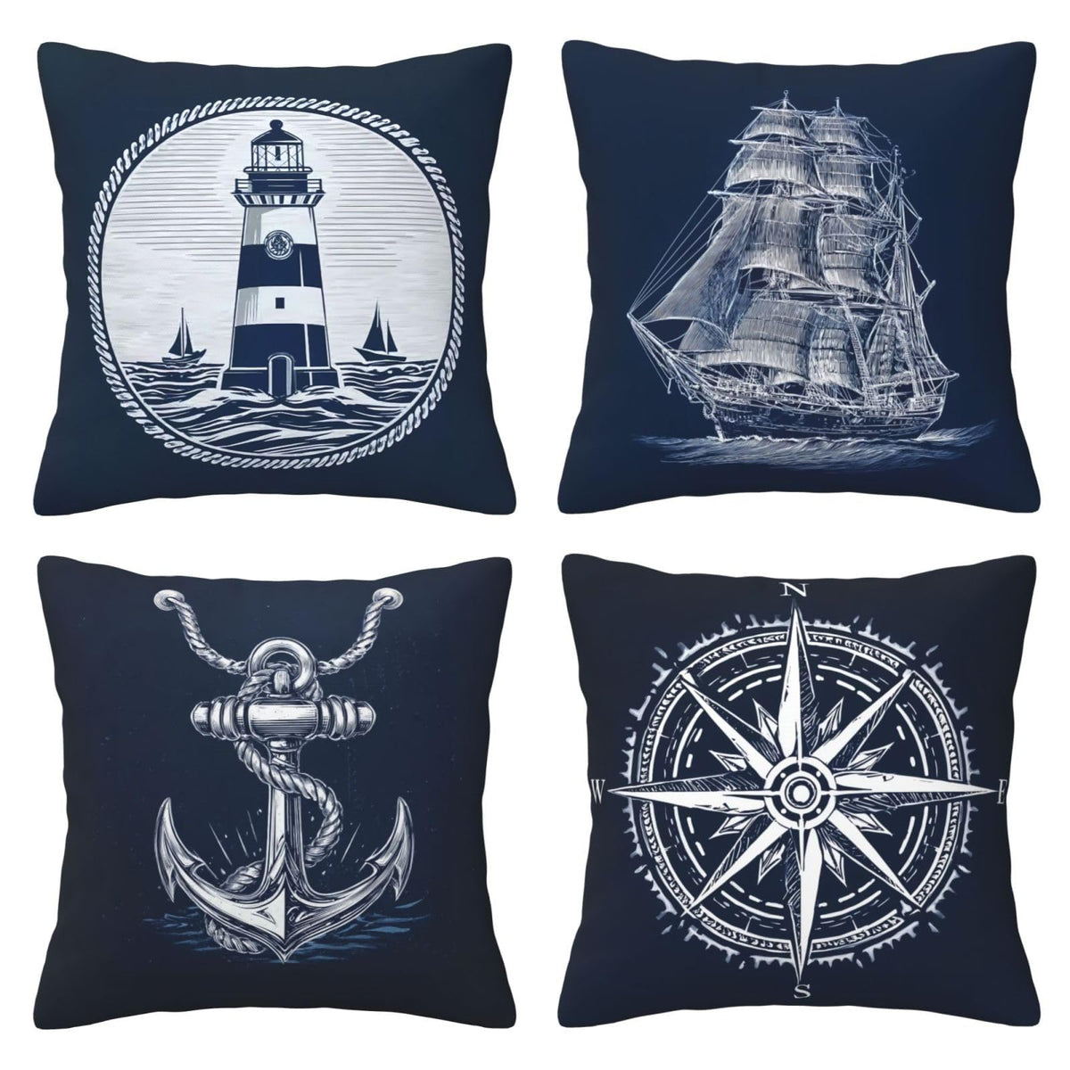 Waterproof Linen Ship Throw Pillow Covers Set of 4, 1-Side Print, No Insert, Envelope Closure