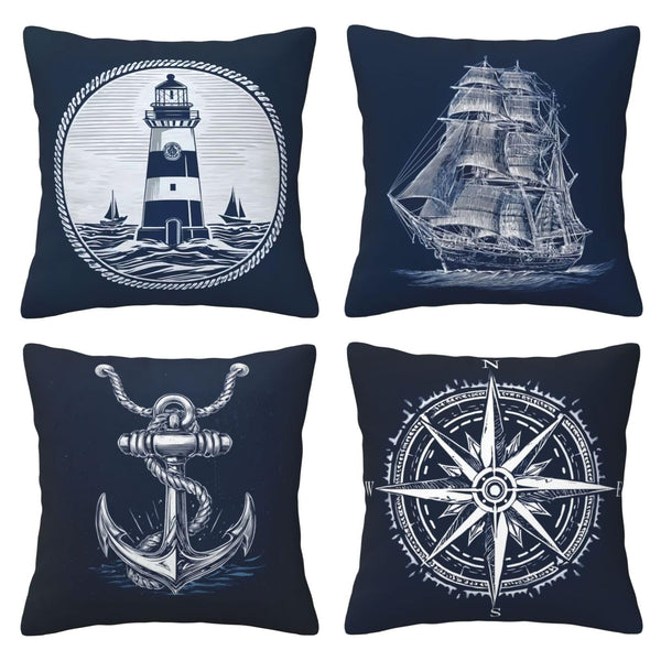 Waterproof Linen Ship Throw Pillow Covers Set of 4, 1-Side Print, No Insert, Envelope Closure