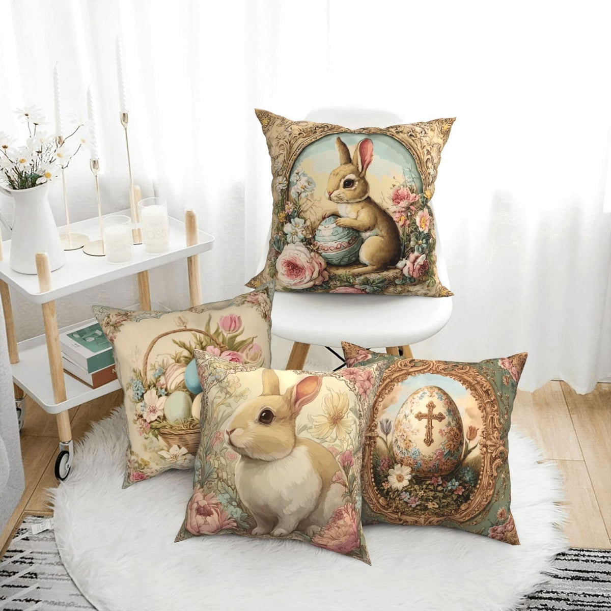 Waterproof Easter Bunny Throw Pillow Covers Set of 4, Single-Side Print, No Insert, Envelope Closure
