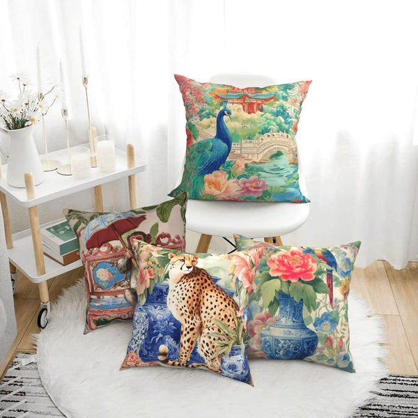 Waterproof Chinoiserie Throw Pillow Covers Set of 4, Single-Side Print, No Insert, Envelope Closure