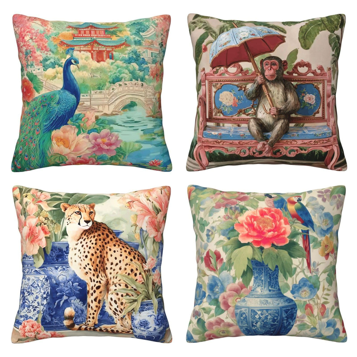 Waterproof Chinoiserie Throw Pillow Covers Set of 4, Single-Side Print, No Insert, Envelope Closure
