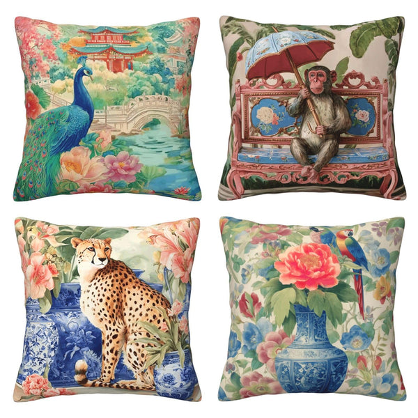 Waterproof Chinoiserie Throw Pillow Covers Set of 4, Single-Side Print, No Insert, Envelope Closure