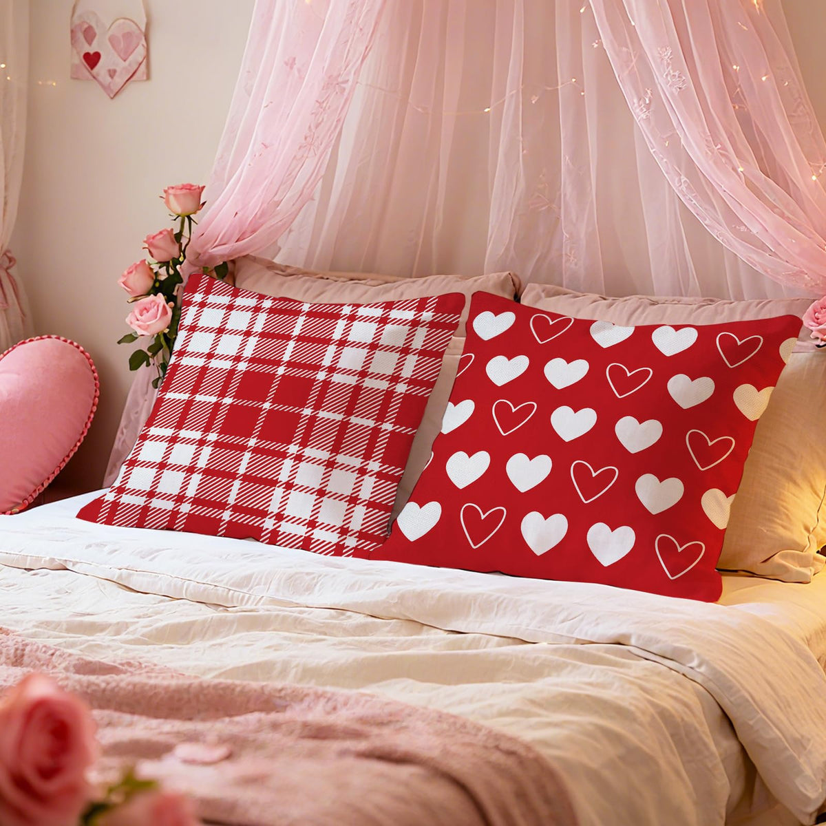Waterproof Linen, Hello Valentines Day Throw Pillow Covers 18“ Set of 4, Red Heart Love Grows Here Buffalo Plaid