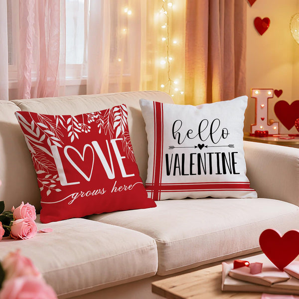 Waterproof Linen, Hello Valentines Day Throw Pillow Covers 18“ Set of 4, Red Heart Love Grows Here Buffalo Plaid