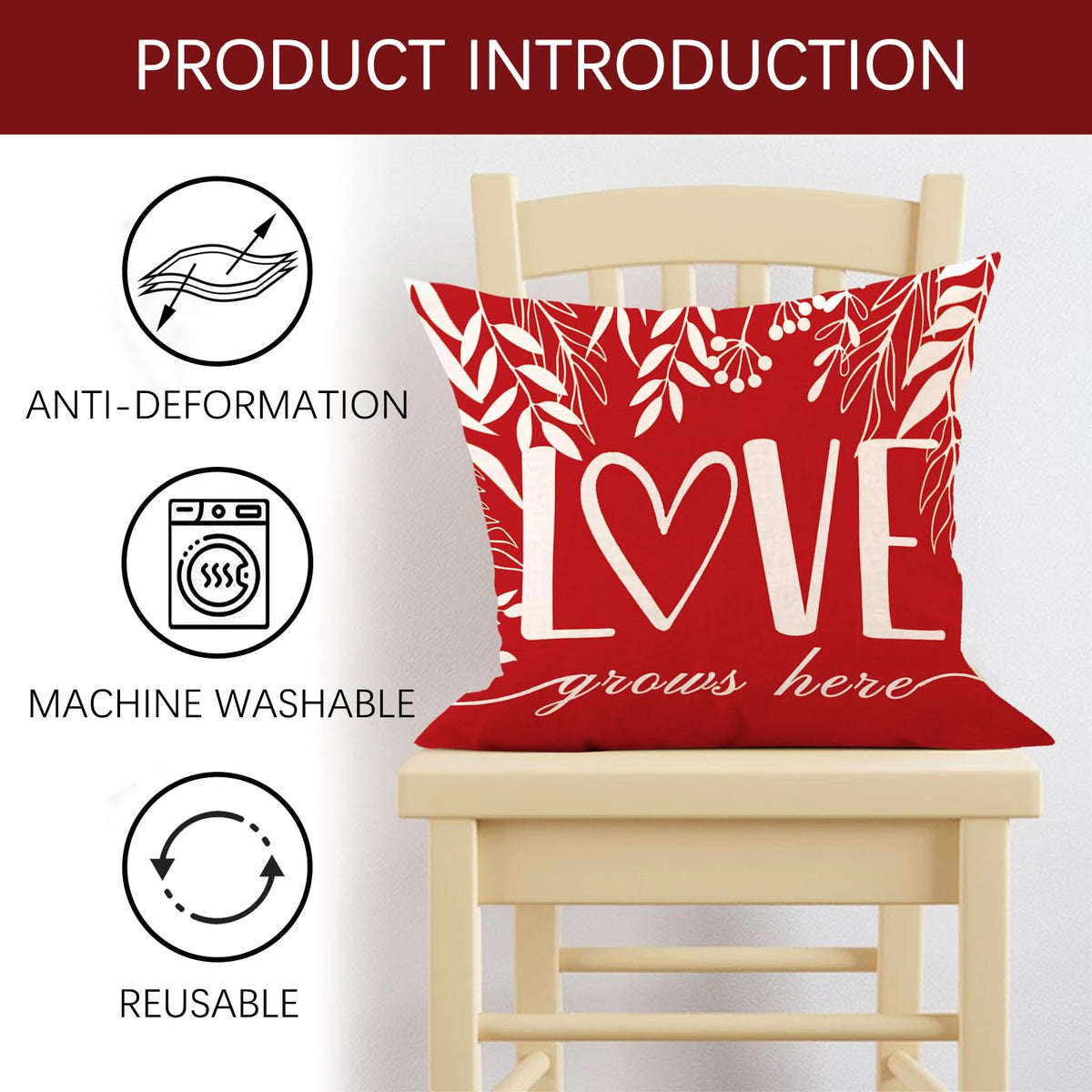Waterproof Linen, Hello Valentines Day Throw Pillow Covers 18“ Set of 4, Red Heart Love Grows Here Buffalo Plaid