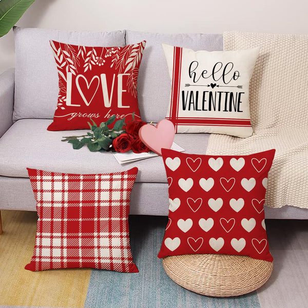 Waterproof Linen, Hello Valentines Day Throw Pillow Covers 18“ Set of 4, Red Heart Love Grows Here Buffalo Plaid