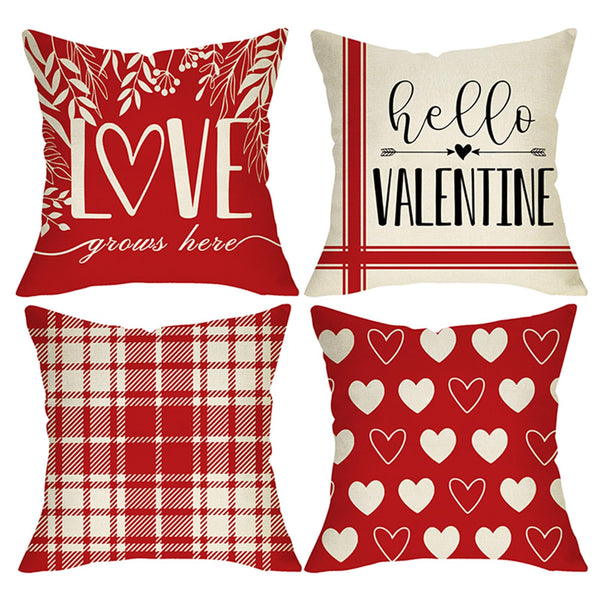 Waterproof Linen, Hello Valentines Day Throw Pillow Covers 18“ Set of 4, Red Heart Love Grows Here Buffalo Plaid