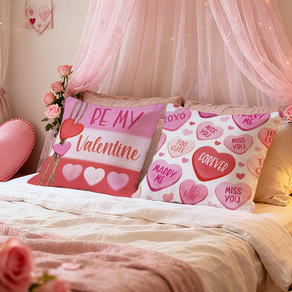 Waterproof Linen, Valentines Day Heart Throw Pillow Covers 18 x 18 Set of 4, Pink Red Hello Love Be My Valentine