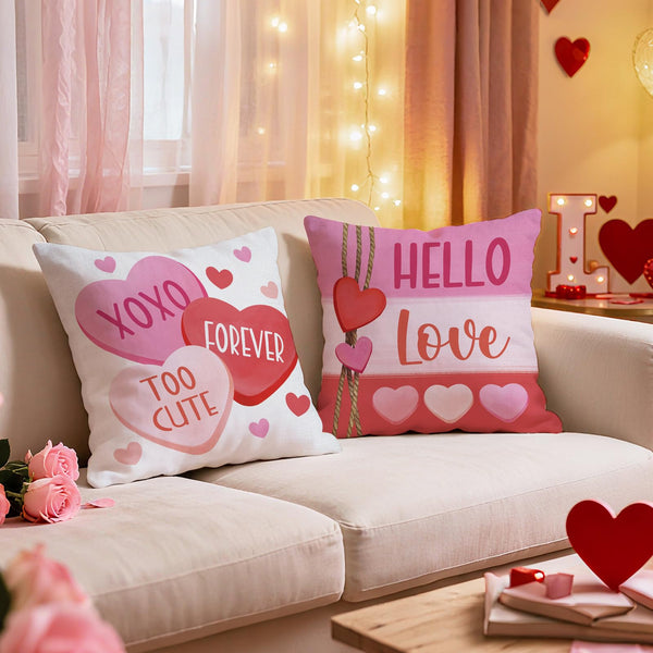 Waterproof Linen, Valentines Day Heart Throw Pillow Covers 18 x 18 Set of 4, Pink Red Hello Love Be My Valentine